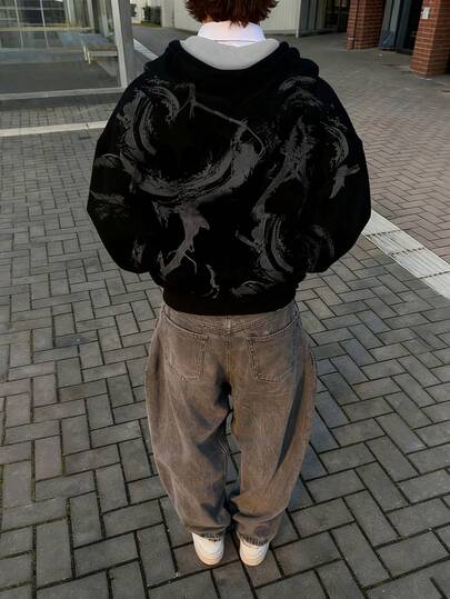 Manfinity Dauomo Men's Graphic Print Zip-Up Hoodie Jacket