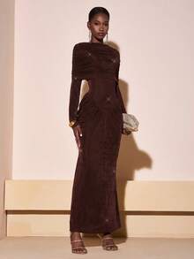 Zivah Elegant Dark Brown Autumn Long Sleeve Dress,Shiny Fabric Versatile Versatile For Dining,Wedding Guest,Music Festival,Birthday Party,Vintage Y2K Style - Brown - View 8