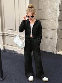 Serisse Kids 青少年女孩休闲时尚复古学院风针织短款连帽拉链运动衫夹克带口袋和宽松阔腿裤套装，粉色，适合周末休闲出游、返校 - 黑色 - 查看 3