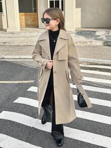 SHEIN 青少年女孩编织休闲百搭时尚纽扣领腰带蝴蝶结口袋宽松长款风衣，休闲军装风格，通勤和户外，返校，母子装 - 駝色 - 查看 3