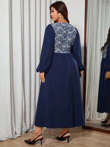 Modelyn Robe élégante à manches longues en jacquard tissé, patchwork, taille froncée, coupe évasée, grande taille - Bleu azur - Voir 2