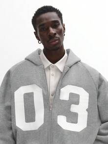 SUMWON Number 03 Full Zip Hoodie With Script Detail Long Sleeve Hood Pullover Casual Streetwear - Grey - View 4