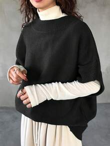 FRIFUL Women's Casual Solid Color Loose Knit Vest, Autumn/Winter - Black - View 4