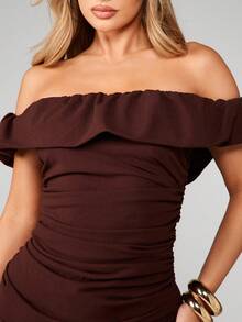 MISSGUIDED Off Shoulder Bardot Ruched Mini Dress With Ruffle Detail For Party Evening - Coffee Brown - View 4