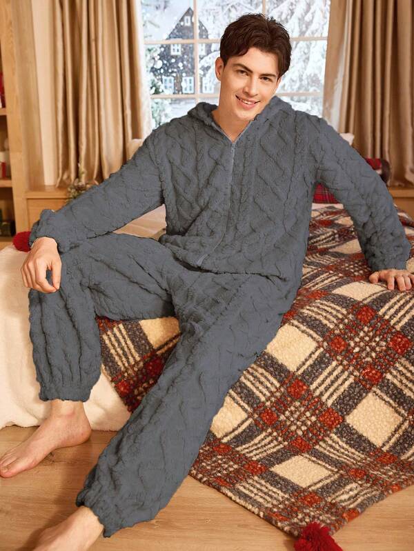 CoupledUp Mono de hombre con capucha de felpa jacquard con cremallera de unicolor para estar en casa