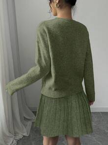 Elenzga 女式休闲刺绣纯色 A 字形百褶裙和毛衣两件套 - 軍綠色 - 查看 2