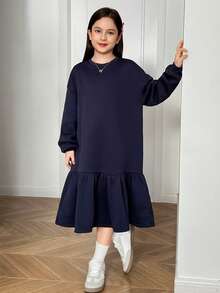 青少年女孩黑色拼布标语字母印花落肩抽绳腰长款连帽连衣裙 - 黑色 - 查看 6