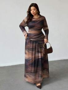 Firerie 大码女式优雅休闲度假日常简约扎染网眼弹力印花褶饰金属纽扣扭纹下摆百搭长袖连衣裙，适合搭配外套、夹克，秋冬 - 彩色 - 查看 6