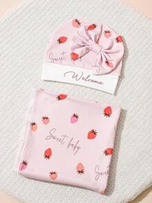 SHEIN 2 件套新生儿女孩襁褓包，带配套蝴蝶结帽子，草莓印花婴儿襁褓毯，婴儿摄影道具 - 彩色 - 查看 2