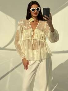 Aloruh Apricot Romantic Date New Autumn/Winter Textured Open Front Tie V-Neck Ruched Flounce Puff Sleeve Loose Women Blouse - Apricot - View 4