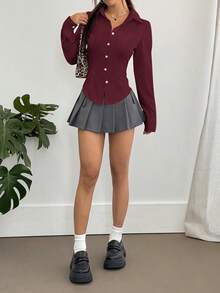 Flirla 女士休闲纯色束腰长袖衬衫 - 酒紅色 - 查看 3