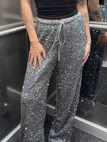 Abrilcols Women's Black Velvet Silver Sequin Drawstring Wide Leg Pants, Suitable For Daily Wear, Concert, Cocktail Party, Party, Nightlife, Carnival Party Glittering - Dark Grey - View 6