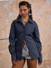 COUREZ Long Sleeve Cinched Check Shirt With Back Tie /Y2K Going Out Women Cute Spring Going Out Tops - Blue - View 6