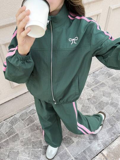 SHEIN Set de 2 piese pentru fete preadolescente, casual, cu guler contrastant, panglică, fundă, brodat, jachetă lejeră cu fermoar și pantaloni largi, ținută uniformă școlară sport de toamnă/iarnă