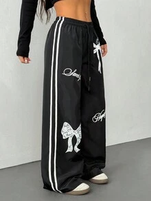 SHEIN PETITE Grunge Goth Summer Sweatpants Woven Floral Print Wide Leg Pants Y2k - Black - View 7