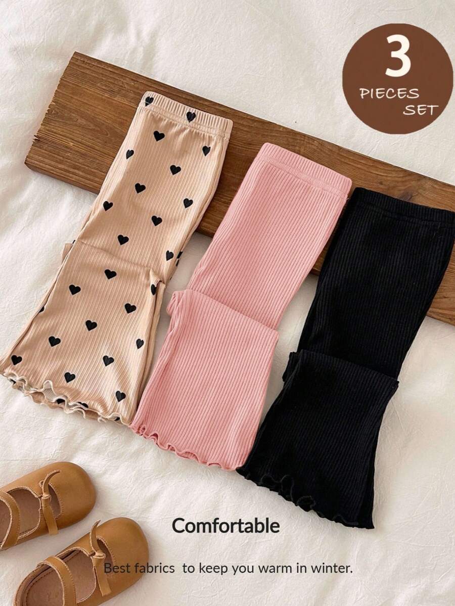 LMoss Kids 3pcs Baby Girl Knitted Solid Color Heart Pattern Bodysuit & Flare Pants Set - Multicolor - View 1