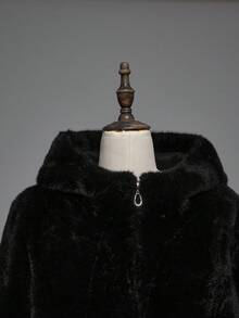 ROMWE 女士秋冬时尚暗黑朋克风格拉链连帽仿皮草夹克 - 黑色 - 查看 11