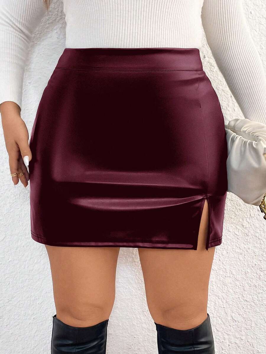 SHEIN Frenchy Plus Size Spring High Slit Wrapped Hem Bodycon Skirt/Winter - Burgundy - View 1