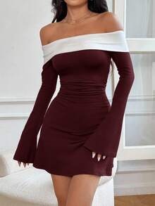 SHEIN EZwear Women's Color Block Ruched Fitted Elegant Long Sleeve Mini Dress,Red Dress,Christmas,New Year Dress,Red Dresses For Women,Christmas Dresses For Women