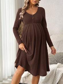 SHEIN Maternity Solid Ribbed Collar Button Front Long Sleeve Dress, Spring/Autumn - Coffee Brown - View 4