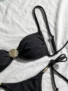 Swim Chiccia Trang phục đi biển mùa hè cho nữ, Bộ bikini dây mảnh gợi cảm bằng vải jacquard màu trơn có họa tiết vỏ sò bằng kim loại - màu đen - Xem 4