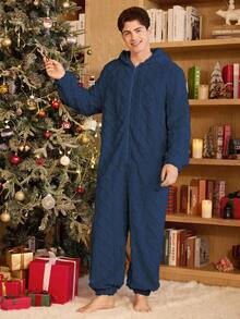 SHEIN Solid Color Zipper Plush Jacquard Hooded Men's Fluffy Cozy Winter Jumpsuit Loungewear - Royal Blue - View 5