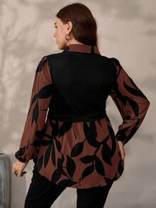 EMERY ROSE Atasan Kasual Rajut Patchwork Motif Bunga untuk Wanita Ukuran Besar, Musim Gugur/Dingin - Coffee Brown - View 2