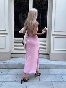 Ritzy Row Pink Women's Halter Draped Collar /Simple Glitter Stretch Base Slim/Women Casual Club Business Casual Concert Outfit Office Outfits/High Elastic Bodycon Slim Fit Casual Daily /Valentine's Day /Birthday Dress /Nightclub Sexy Party/Street /Vacation/Travel /Date/Spring/Summer/Autumn/Winter New Long Dress - Pink - View 2