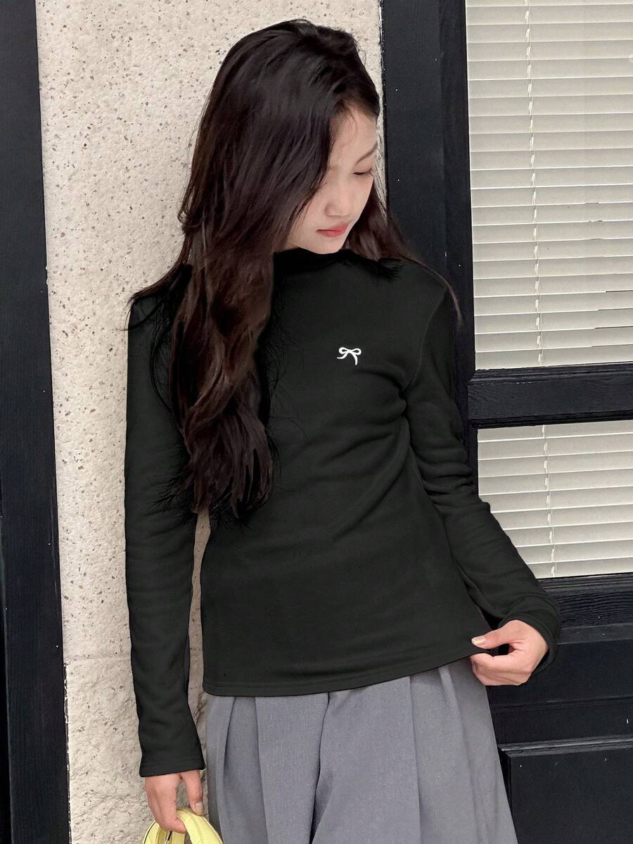 DAZY 女童圓領針織保暖內裡蝴蝶結印花T恤,秋季長袖上衣 - 黑色 - 查看 1