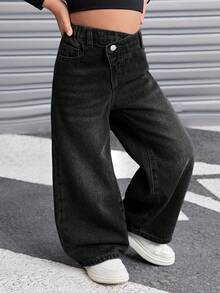 SHEIN Young Girl Y2K Vintage Blue Denim Thermal Lined Asymmetrical Waist Loose Pants, Autumn/Winter,Cool/Thanksgiving - Black - View 6