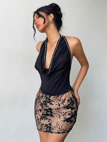 Aloruh Women's Deep Draped Neck Rivet Decor Sequin Embroidered Backless Fitted Mini Dress,Black Floral,Summer,Chic,Nightclub,Christmas Party,Graduation - Black - View 4