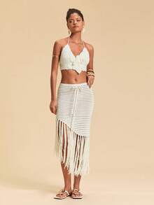 Travachic 女式不对称流苏下摆针织裙 - 白色 - 查看 4