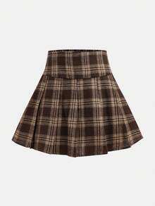 SHEIN Girlism 少女学院风校园装，黑色立领针织毛衣长袖 T 恤和棕色格子百褶裙两件套，休闲秋季 - 棕色 - 查看 8