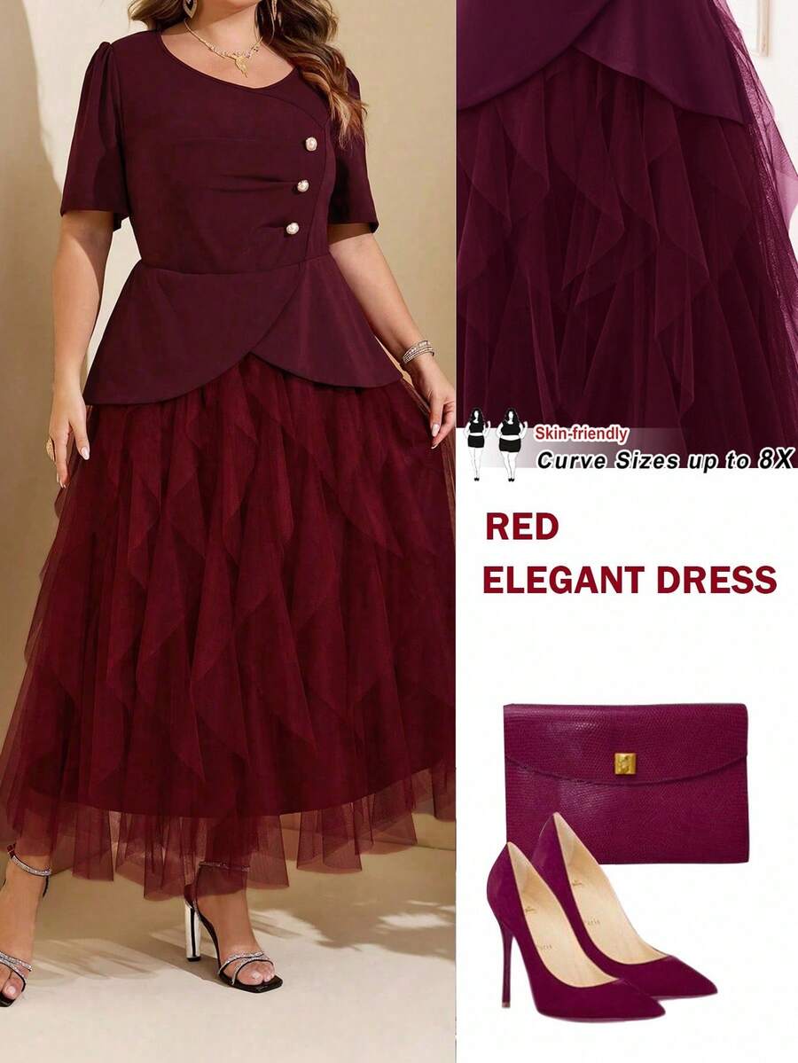 SHEIN CURVE+ Elegantes Sommerkleid in Übergröße mit V-Ausschnitt, Mesh-Einsätzen und kurzen Ärmeln, burgunderrot - Rot - Übersicht 1