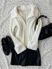 INAWLY Áo khoác cardigan dệt kim xoắn cổ tay mềm mại thời trang nữ có khóa kéo - Màu be - Xem 1