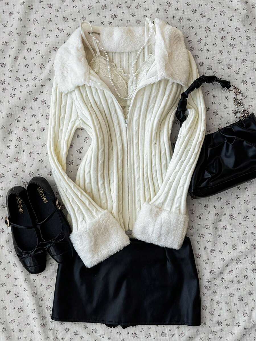 INAWLY Áo khoác cardigan dệt kim xoắn cổ tay mềm mại thời trang nữ có khóa kéo - Màu be - Xem 1