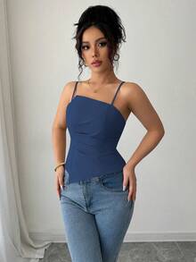 Elenzga Elegant & Cute Pleated Design Women's Solid Color Minimalist Camisole Tank Top, Everyday Wear - Dusty Blue - View 3