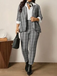 Zelara Plus Size Casual/Office Minimalist Blazer And Pants 2 Pieces Suit Set Casual Sets For Women Casual Outfit For Women Thanksgiving Outfit For Women Fall Outfits For Women Women's Winter Clothes Party Outfit Thanksgiving Winter Clothes New Year Outfit  Casual Sets For Women  Casual Blouses For Ladies Plaid - Black and White - View 8