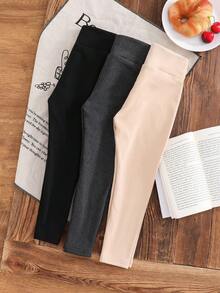 SHEIN LMoss Kids 3pcs/Set Young Girl Autumn/Winter Thick Thermal Lined Leggings In Black, Gray And Apricot. Buy 1 Get 3 All-Match Casual Thermal Lined Pants Black, Gray, And Beige Tight Leather Leggings As A Basic Casual Multi-Purpose Base Layer Bottom Set In A Three-Piece Pack. - Multicolor - View 2