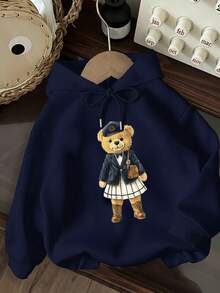 Tseoso 女士休闲长袖落肩皇家蓝卫衣，饰有学院风小熊图案，展现学院风、优雅气质、老钱风情和家庭聚会风格。 - 藏蓝色 - 查看 2