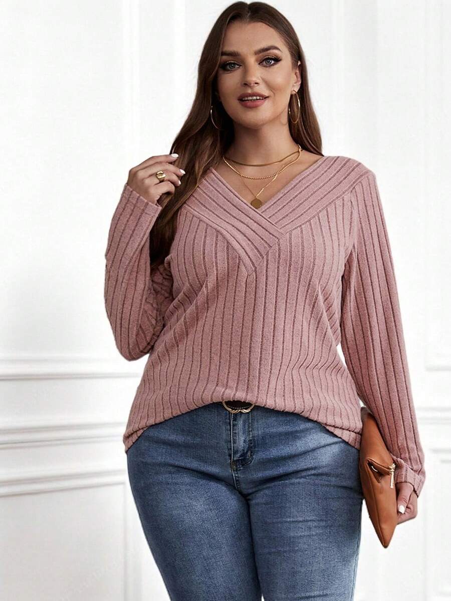 Miaspire Plus Size Women's Solid Color V-Neck Long Sleeve Hollow Out T-Shirt, For Autumn & Winter