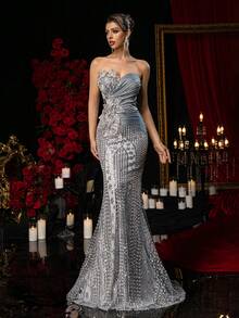Glamrae Elegant Luxurious Beaded & Sequin 3D Floral Design Sexy Strapless Mermaid Dress, Suitable For Weddings, Events, Photoshoots, Vacations, Galas, Formal Occasions (Heavily Embellished) Silvers Glamorous Dress Gown Gowns Glamorous Dress - Dark Grey - View 7