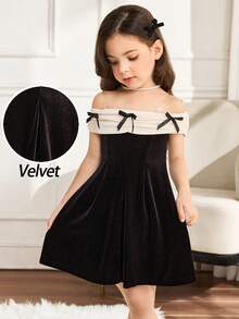 SHEIN Young Girl Elegant Off-Shoulder Color Block Bow Decor Velvet Waist Ruffle Hem Dress,Black&Apricot,Suitable For Halloween,Christmas,Autumn,Party Dress - Black - View 3