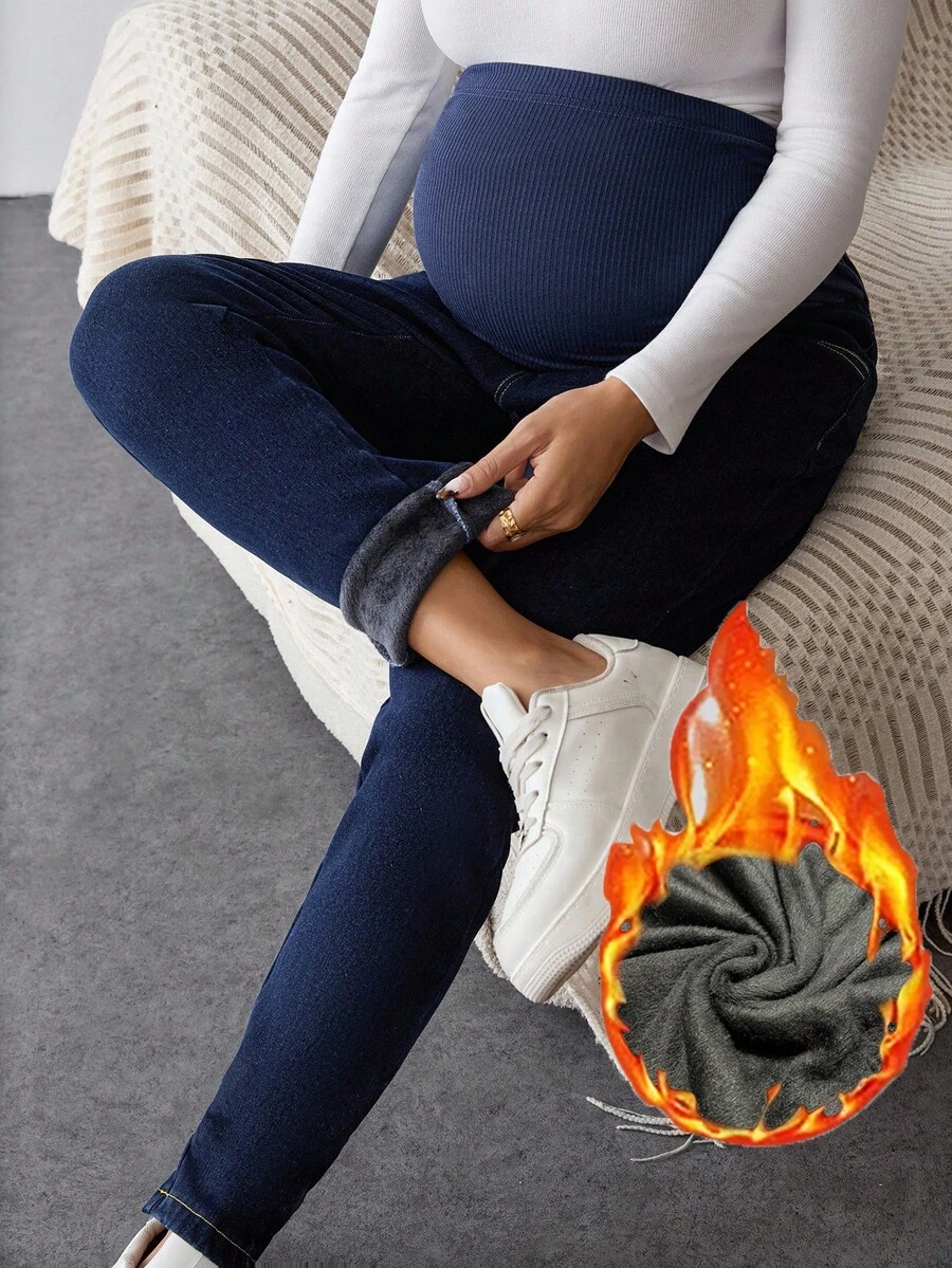SHEIN Maternity Navy Blue Skinny Jeans For Pregnant Women,Thermal Lined Over The Bump Denim With Stretchy Belly Panel,Smart Casual Autumn Winter Streetwear - Blue - View 1
