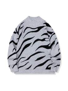 Manfinity Hypemode Men's Fashionable Zebra Pattern Crew Neck Sweater, Autumn/Winter, Long Sleeve Top - Grey - View 4