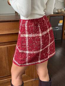 Serisse Chân váy chữ A họa tiết kẻ caro trang trí sequin thanh lịch dành cho nữ, Thu/Đông - Đỏ - Xem 2