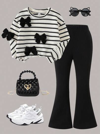 Genkimix Kids 2pcs/Set Young Girls Cute Knitted Butterfly Decor Round Neck Long Sleeve Top And Red Flared Pants, Spring/Autumn