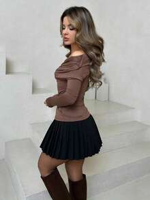 Jemour Áo thun nữ cổ tròn màu trơn không đối xứng - màu nâu - Xem 5