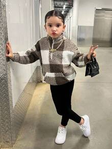 Bộ 2 áo nỉ kẻ caro dáng rộng cho bé gái + quần legging đen, mặc thường ngày, chất dày dặn - Màu Khaki - Xem 7