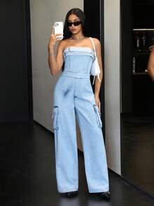 Jeanoix 女式休闲水洗牛仔连体裤 - 藍色 - 查看 5